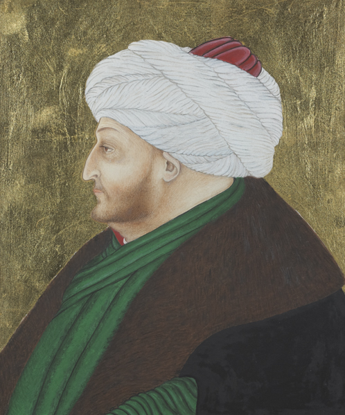 PORTRAIT OF FATIH SULTAN MEHMET AFTER THE 15TH CENTURY OTTOMAN MINIATURIST EXAMPLE IN THE SARAYI ALBUMS, ISTANBUL by Sebahattin Basaran sold for 100 at Whyte's Auctions