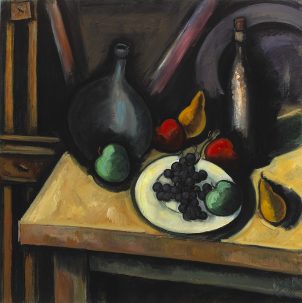 STILL LIFE WITH BOTTLE, JUG AND FRUIT by Peter Collis sold for 5,800 at Whyte's Auctions
