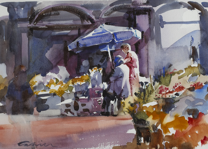 BLUE SHADE - FLOWER SELLERS, GRAFTON STREET, DUBLIN by Patrick Cahill sold for 340 at Whyte's Auctions