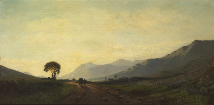 EXTENSIVE WESTERN LANDSCAPE WITH FIGURES AT SUNDOWN by Augustus Nicholas Burke sold for 2,500 at Whyte's Auctions