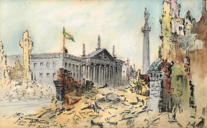 DUBLIN 1916 INCLUDING A VIEW OF THE IRISH REPUBLIC FLAG OVER THE G.P.O., SACKVILLE STREET (A PAIR) by Edmond Delrenne (Belgian, fl.1915-18)<R> at Whyte's Auctions