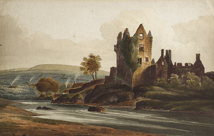 VIEW OF MANOR RUINS WITH COTTAGES and ROCKY COASTAL SCENE AT SUNSET (A PAIR) by William Nicholl sold for 600 at Whyte's Auctions