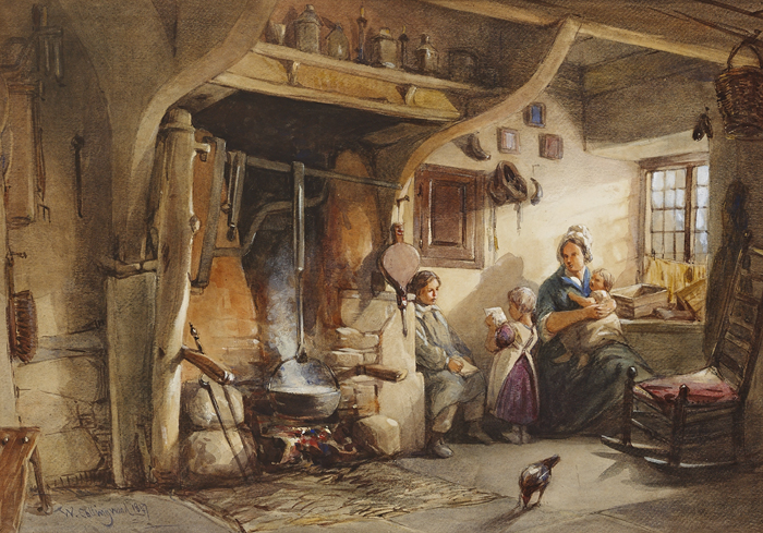 COTTAGE INTERIOR WITH MOTHER AND CHILDREN, 1847 by William Collingwood sold for 340 at Whyte's Auctions