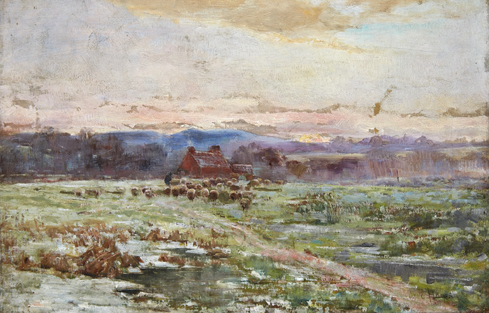CHECKING THE FLOCK AT SUNSET by Claude Hayes sold for 440 at Whyte's Auctions