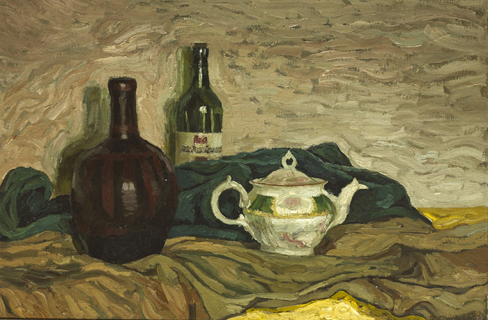 STILL LIFE WITH TEAPOT AND BOTTLES, 1952 by Martin McKeown sold for 750 at Whyte's Auctions