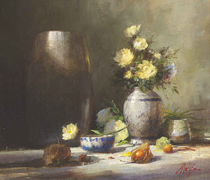 FLORAL STILL LIFE WITH CHINESE LANTERNS by Matt Grogan sold for 280 at Whyte's Auctions