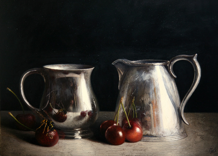 STILL LIFE WITH SILVERWARE AND CHERRIES, 2014 by Stuart Morle sold for 2,400 at Whyte's Auctions