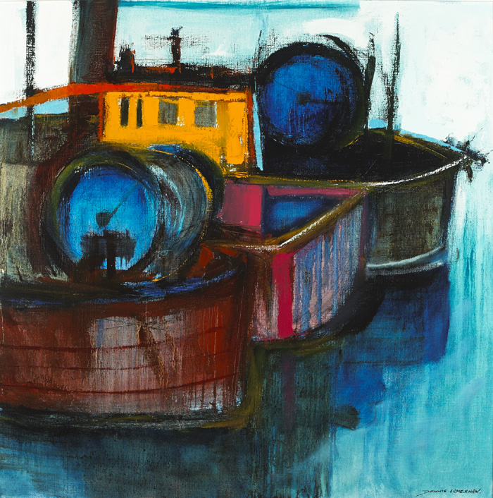 MOORED BOATS, ARDGLASS, 2001 by Dennis Orme Shaw sold for 800 at Whyte's Auctions