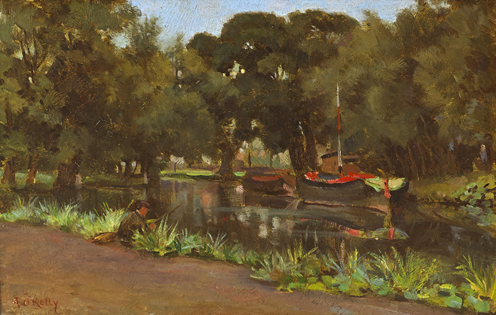 FIGURE FISHING FROM A RIVERBANK by Aloysius C. OKelly sold for 1,500 at Whyte's Auctions