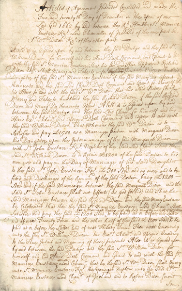 1662 Contract between Rt. Hon. Sir Maurice Eustace, Knight, Lord Chancellor of Ireland and at Whyte's Auctions