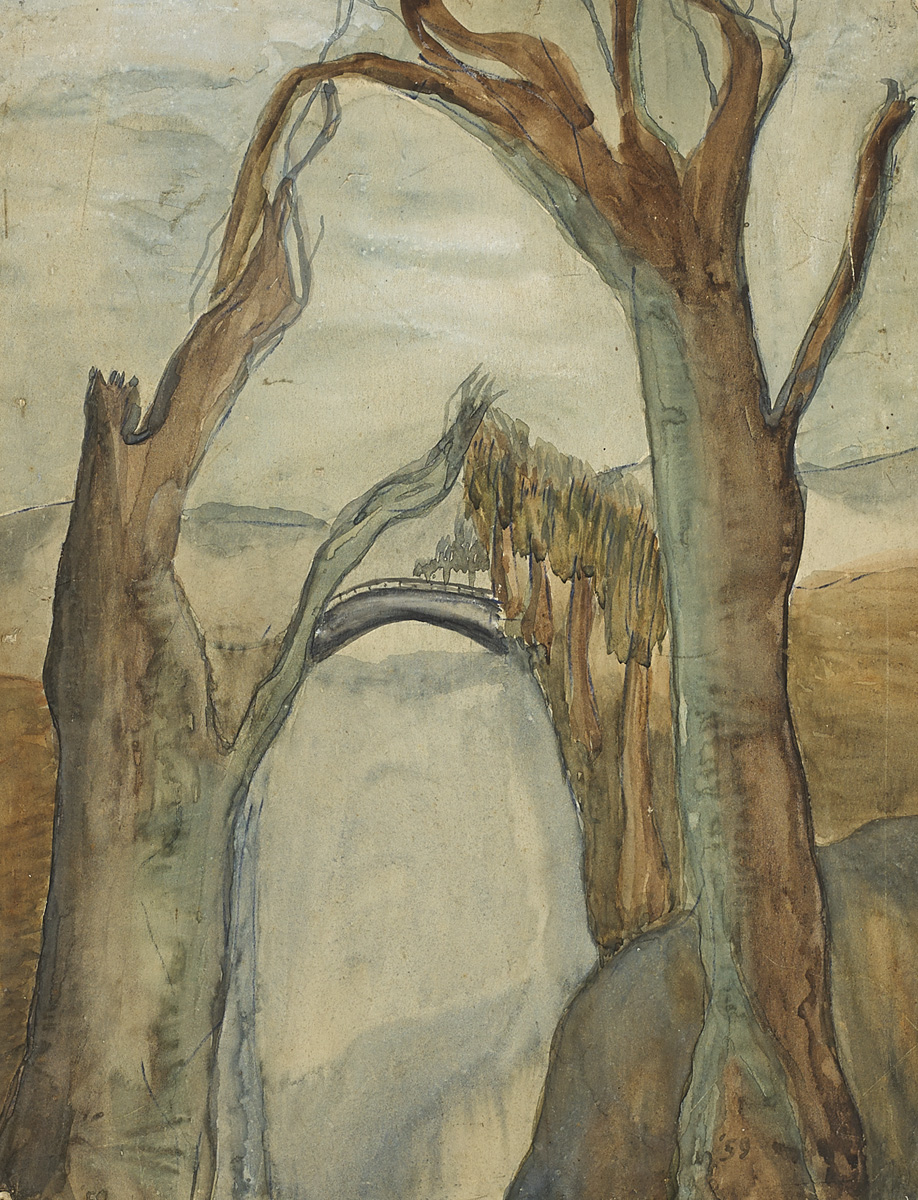 RIVER, BRIDGE AND TREES, 1959 by Christy Brown sold for 520 at Whyte's Auctions