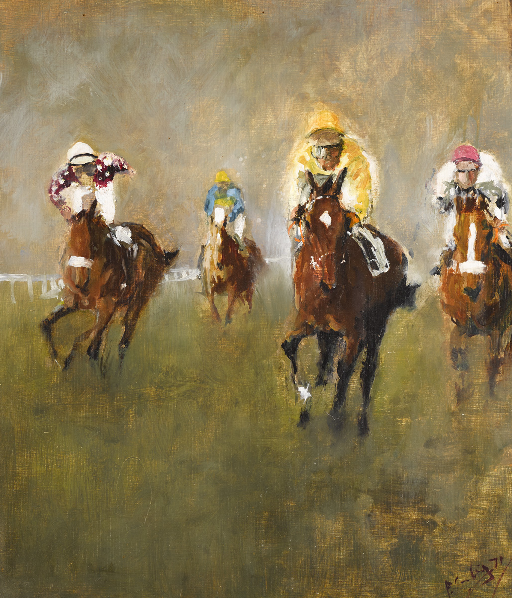 HORSE RACING SCENE, 1971 by Peter Curling sold for 2,100 at Whyte's Auctions
