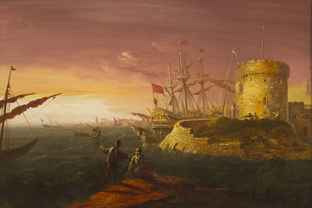 MARITIME SCENE WITH MARTELLO TOWER AND TALL SHIPS by William Sadler II sold for 2,125 at Whyte's Auctions