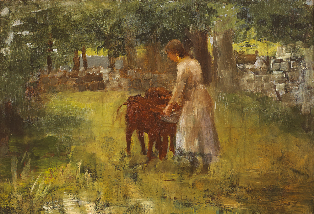 GIRL FEEDING CALVES by Walter Frederick Osborne sold for 17,000 at Whyte's Auctions