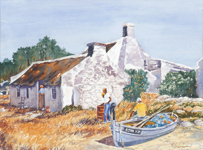 FISHERMEN'S COTTAGES, ARNISTON, CAPE, SOUTH AFRICA and SWELLENDAM COTTAGE, CAPE, SOUTH AFRICA (A PAIR) by M. Schoonraad sold for 220 at Whyte's Auctions