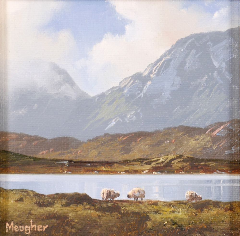 SHEEP AT LOUGH INAGH, CONNEMARA, 2002 and FAMINE COTTAGE, ROUNDSTONE BOG, CONNEMARA, 2002 (A PAIR) by Eileen Meagher sold for 480 at Whyte's Auctions