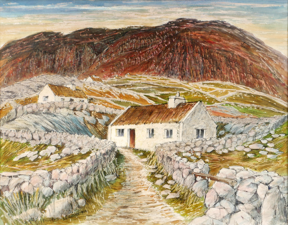 COTTAGES WITH MOUNTAINS IN THE DISTANCE, 1962 by Donald Rayner sold for 220 at Whyte's Auctions