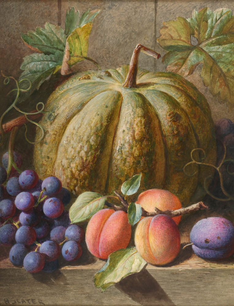 STILL LIFE OF PUMPKIN, PEACHES AND GRAPES by Charles Henry Slater sold for 160 at Whyte's Auctions