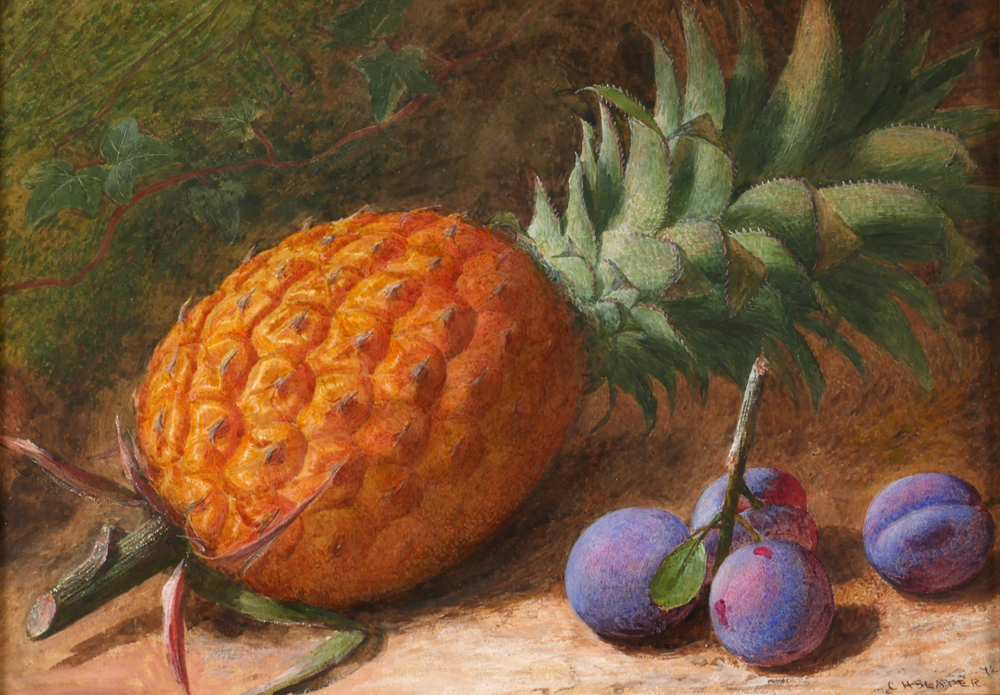 STILL LIFE OF A PINEAPPLE AND PLUMS ON A MOSSY , 1872 by Charles Henry Slater sold for 130 at Whyte's Auctions
