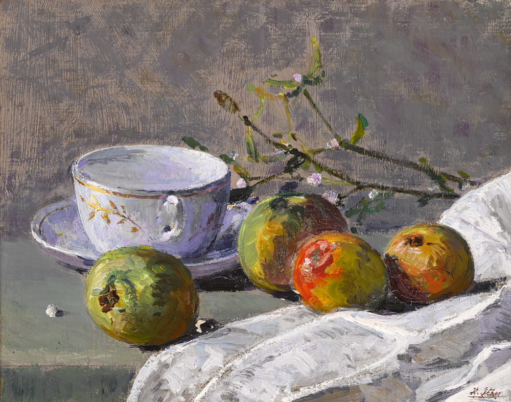 STILL LIFE WITH FRUIT, CUP AND SAUCER by Hans Iten sold for 1,400 at Whyte's Auctions