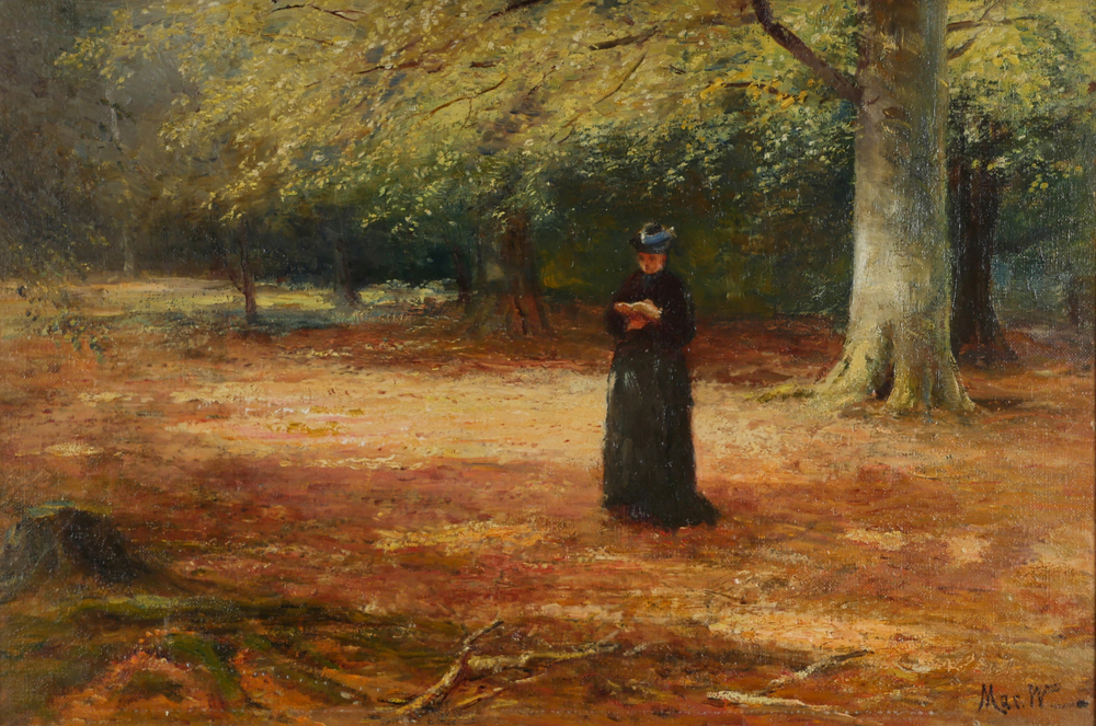 AUTUMN SCENE, WOMAN READING IN WOODLAND by John MacWhirter sold for 320 at Whyte's Auctions
