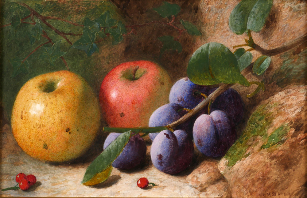 STILL LIFE OF APPLES, CHERRIES AND PLUMS ON A MOSSYBANK by Charles Henry Slater sold for 130 at Whyte's Auctions