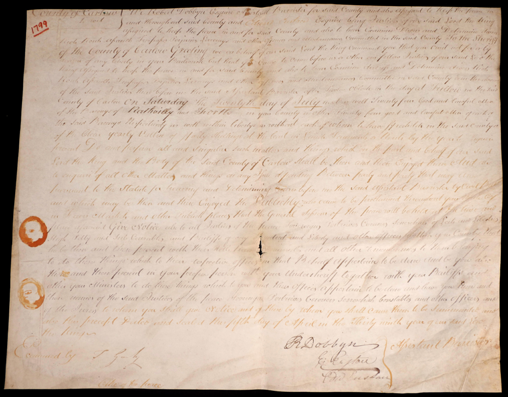 1799, To The Sheriff of the County of Carlow Greeting. Parchment signed Thomas Gurly, Clerk of the Peace in April 1799. at Whyte's Auctions