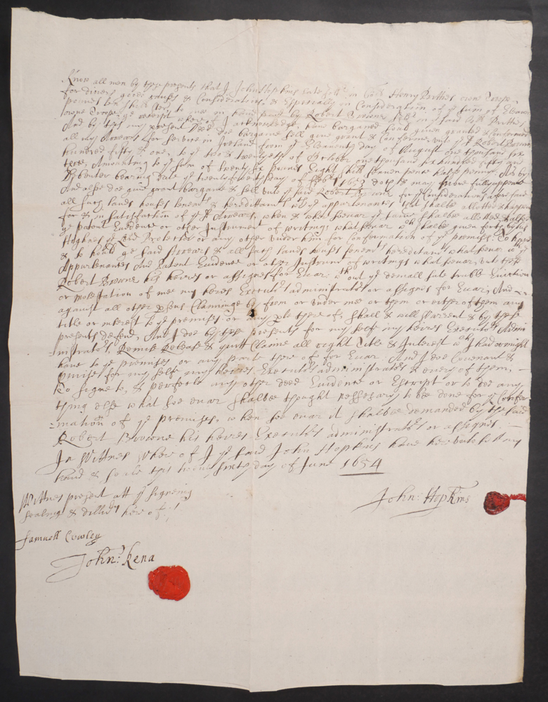1654, Cromwellian soldier, John Hopkins, sells his grant of land to Robert Browne, Carlow. at Whyte's Auctions