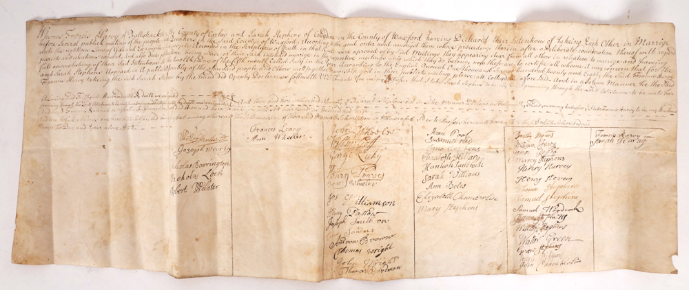 1728 Quaker marriage certificate. at Whyte's Auctions