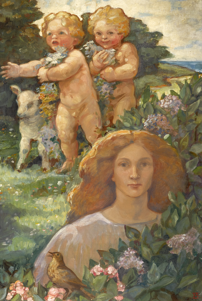 WOMAN WITH CHILDREN AND LAMB IN A GARDEN by Lady Beatrice Glenavy sold for 2,400 at Whyte's Auctions