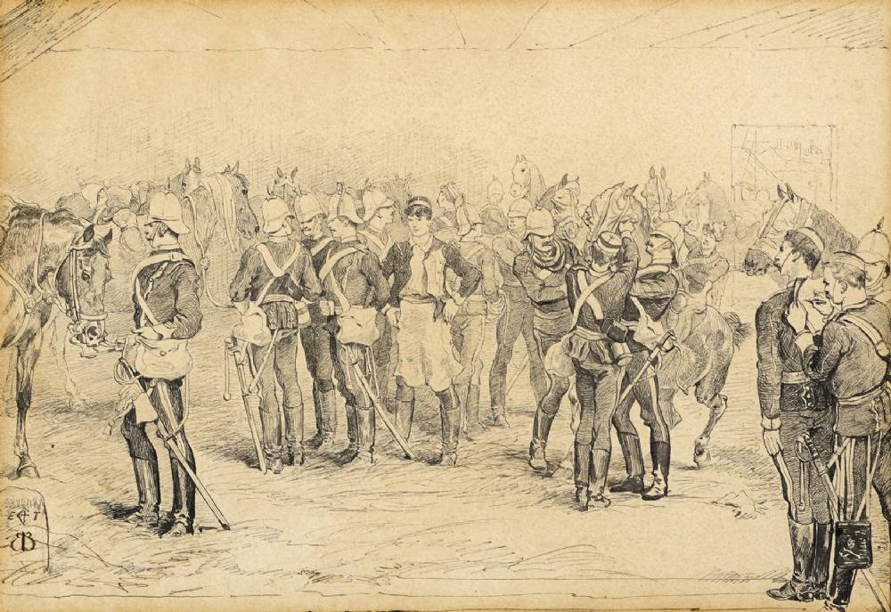 EMBARKATION OF THE 17TH LANCERS FOR ZULULAND - BLINDFOLDING THE HORSES by Lady Elizabeth Butler sold for 1,500 at Whyte's Auctions