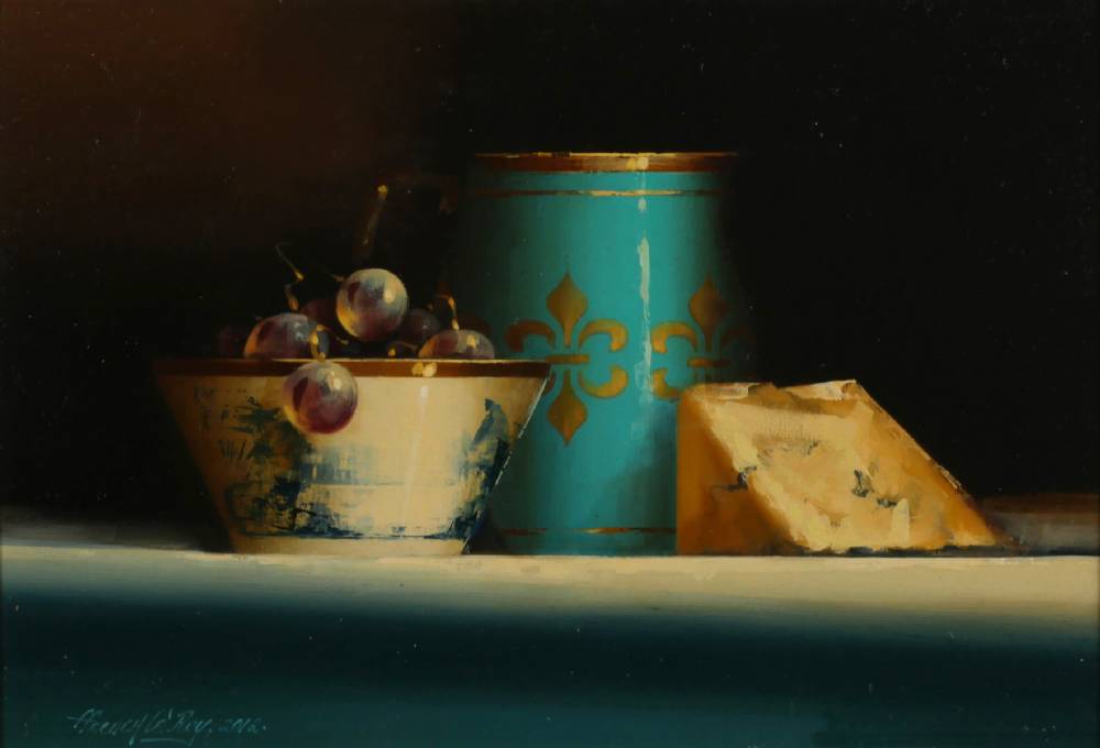 STILL LIFE WITH GRAPES AND BLUE CHEESE, 2012 by David Ffrench le Roy sold for 850 at Whyte's Auctions