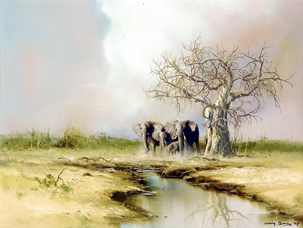 SAFARI SCENE WITH ELEPHANTS, 1989 by Craig Bone sold for 1,300 at Whyte's Auctions