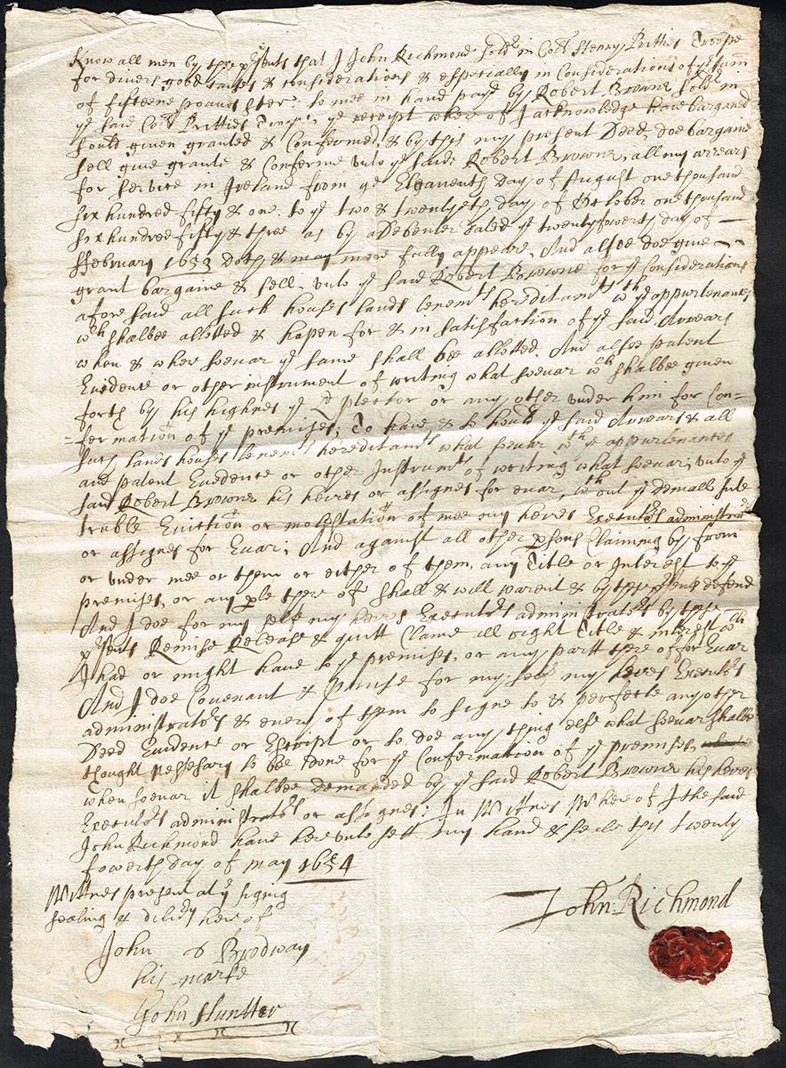 1654 A soldier in Cromwell's army, contract of sale of his land grant. at Whyte's Auctions