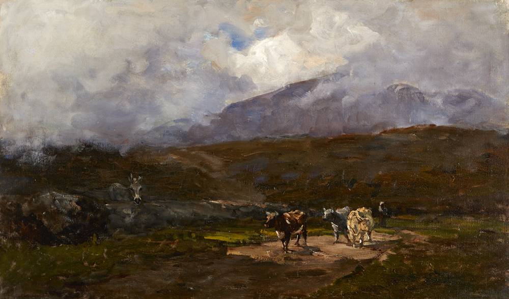 HERDSMAN AND COWS ON A COUNTRY ROAD, GLENMALURE, COUNTY WICKLOW, c. 1880 by Nathaniel Hone sold for 25,000 at Whyte's Auctions