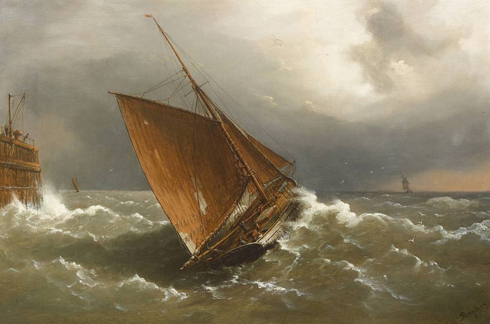FISHERMEN LEAVING DUBLIN HARBOUR IN HEAVY WEATHER, 1885 by Richard Brydges Beechey sold for 5,000 at Whyte's Auctions
