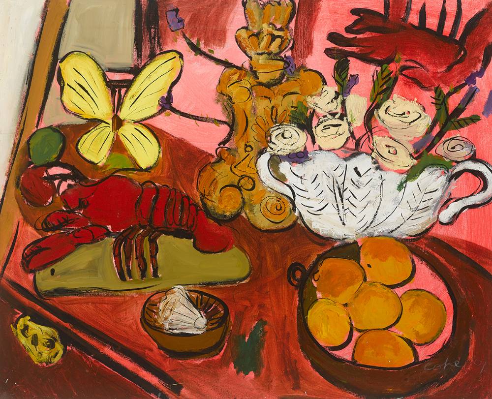 LOBSTERS, PEARS, BUTTERFLY AND FRUIT, 2001 by Elizabeth Cope sold for 1,650 at Whyte's Auctions