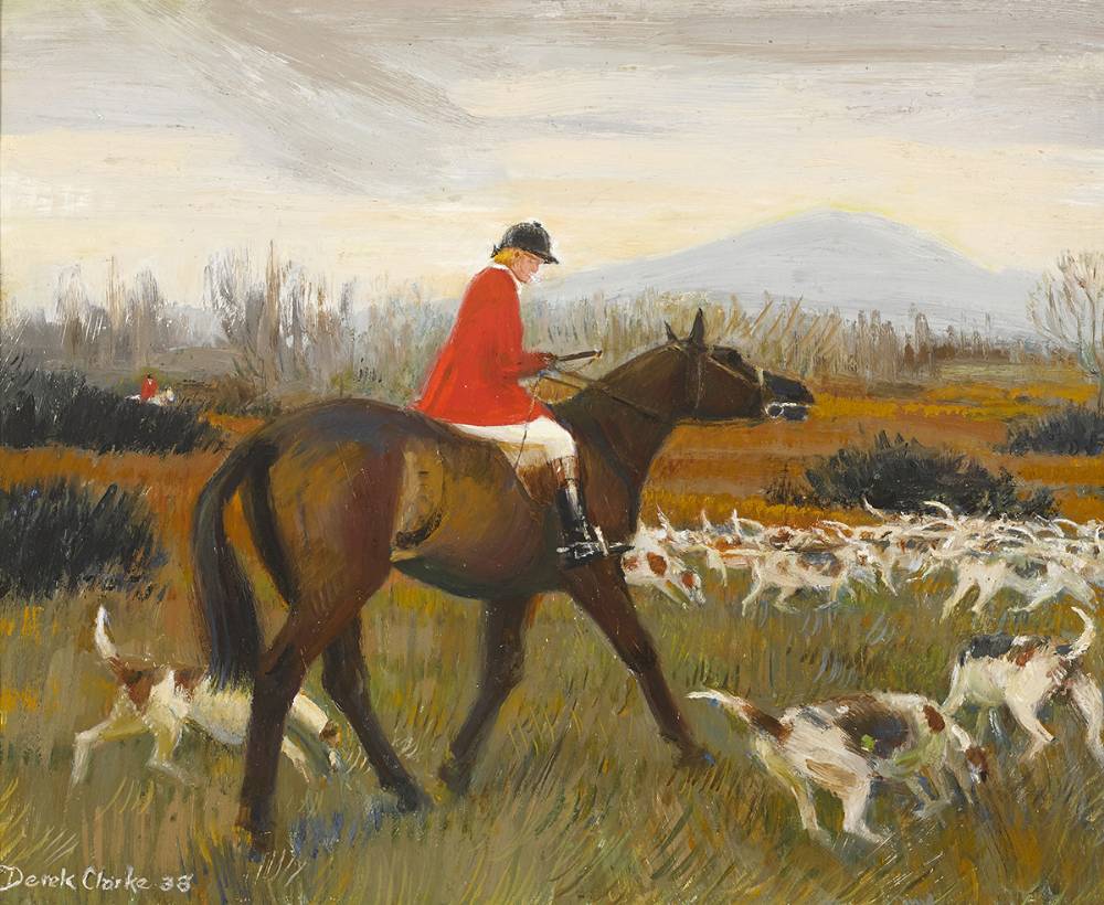 SYLVIE MASTERS, MASTER OF THE TIPPERARY FOXHOUNDS, CASTING HOUNDS NEAR SLIABH NA MBAN, 1938 by Derek Clarke sold for 750 at Whyte's Auctions