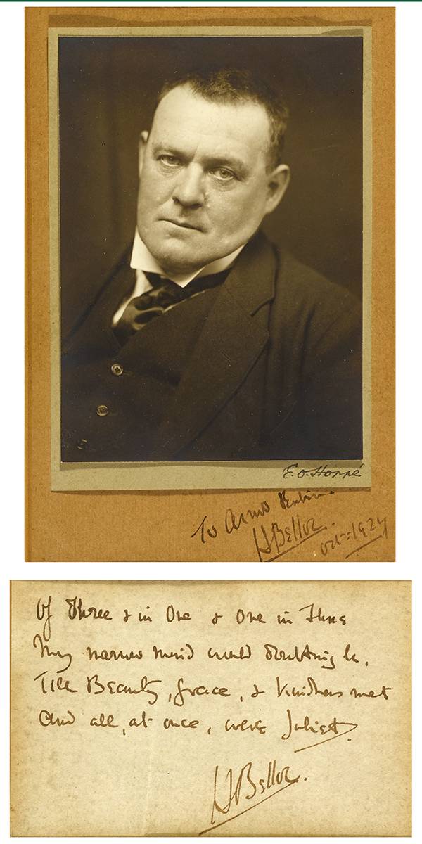 AUTOGRAPH, PHOTOGRAPH AND SIGNED NOTE, 1924 by Hilaire Belloc sold for 200 at Whyte's Auctions