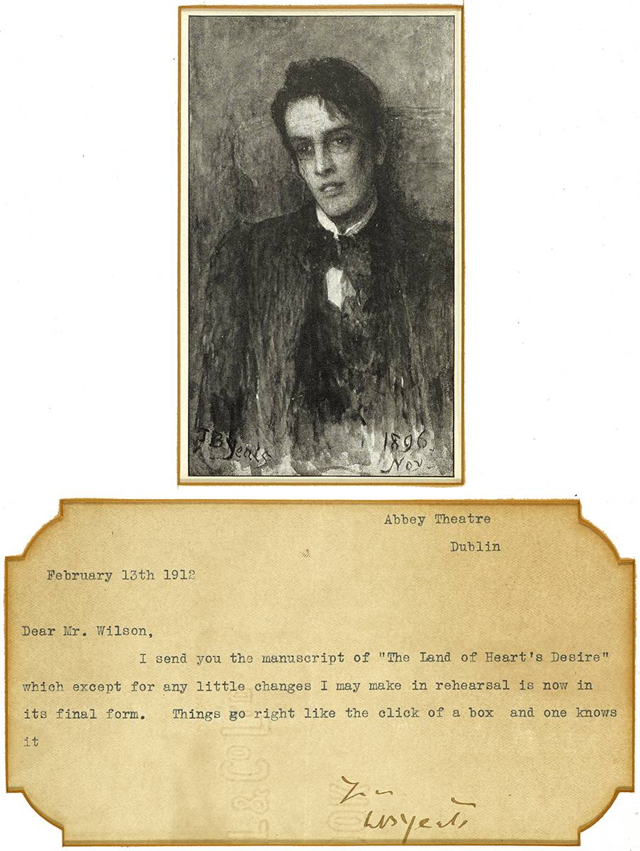LETTER TO WILSON, 13 FEB 1912, TYPED 'ABBEY THEATRE' WITH A PHOTOGRAPH OF WB YEATS by William Butler Yeats sold for 800 at Whyte's Auctions