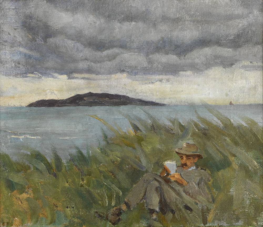 SEAMUS READING WITH LAMBAY ISLAND IN THE DISTANCE, COUNTY DUBLIN by Estella Frances Solomons sold for 4,000 at Whyte's Auctions