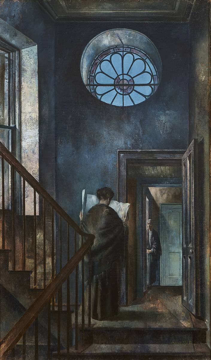 FIGURES ON A STAIRCASE, YORK STREET, DUBLIN, 1942 by Patrick Hennessy sold for 7,500 at Whyte's Auctions