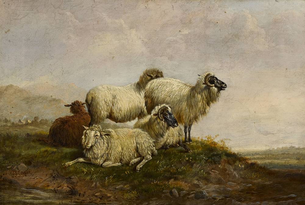 SHEEP IN A LANDSCAPE WITH DISTANT COTTAGES by Thomas Sidney Cooper sold for 850 at Whyte's Auctions