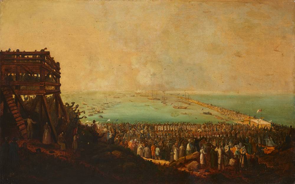 THE EMBARKATION OF KING GEORGE IV AT KINGSTOWN (NOW DN LAOGHAIRE) 3RD SEPTEMBER 1821 by William Sadler II sold for 10,000 at Whyte's Auctions