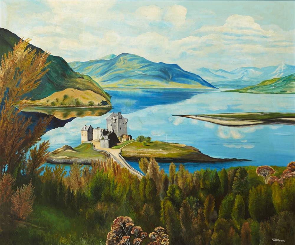 CASTLE AND BUILDING ON AN ISLAND IN A MOUNTAINOUS REGION, 1963 by Luterd Corker sold for 460 at Whyte's Auctions