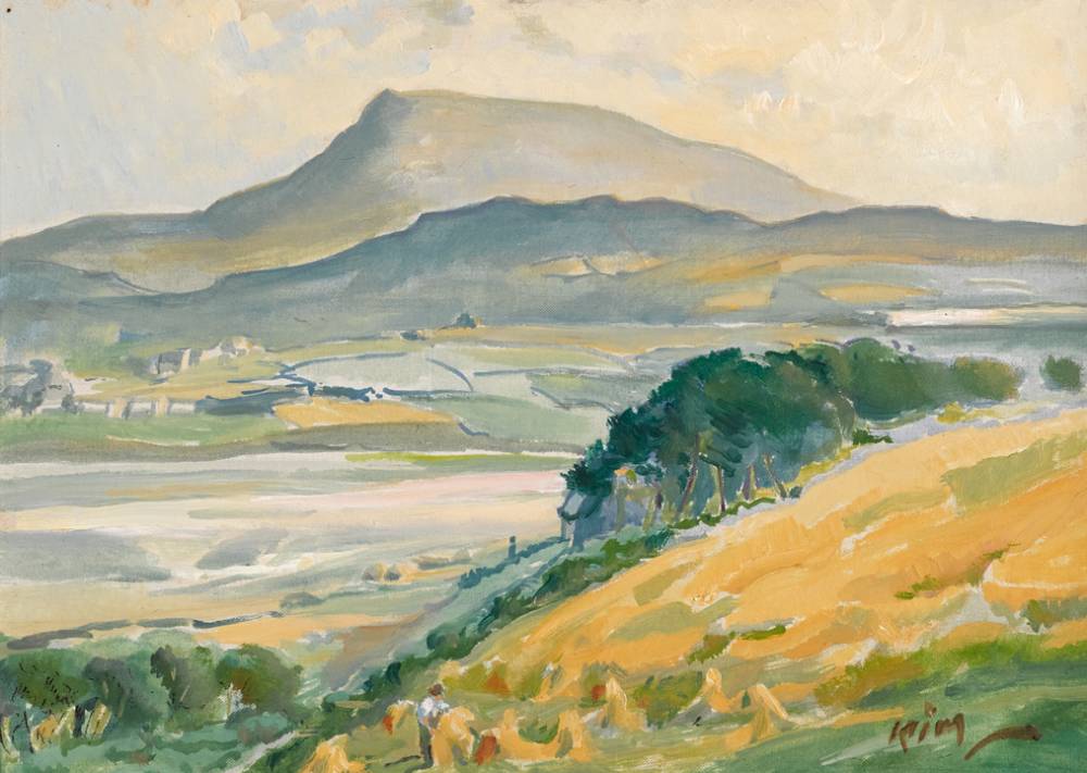 CUTTING THE CORN, MUCKISH FROM HORN HEAD, COUNTY DONEGAL, 1937 by Kathleen Isabella Mackie sold for 500 at Whyte's Auctions