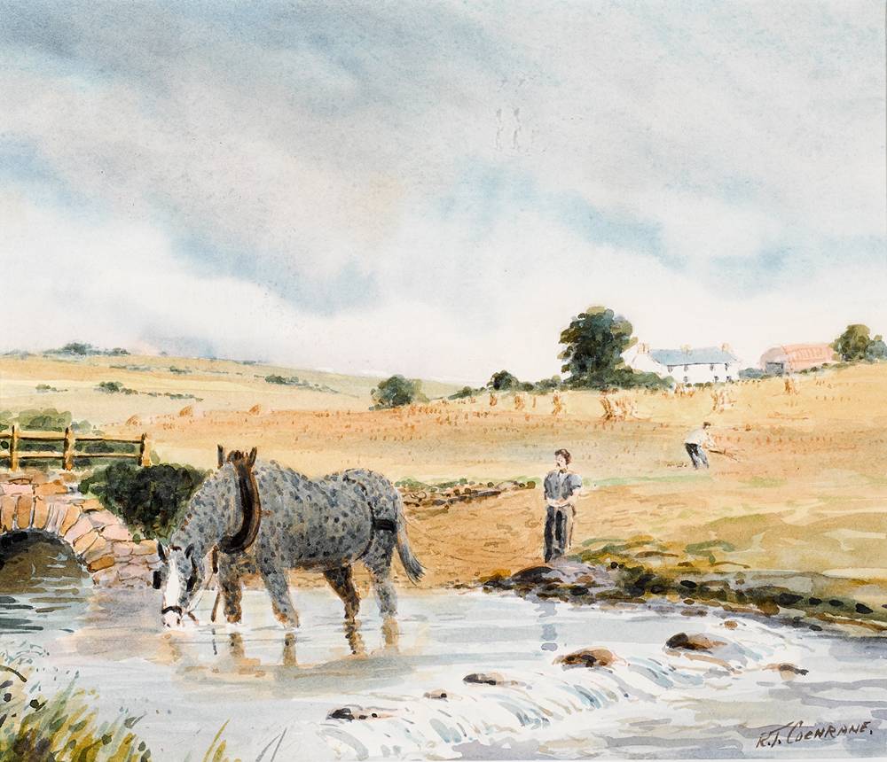 HORSE WATERING AT A RIVER and COTTAGES IN A LANDSCAPE (A PAIR) by R.T. Cochrane sold for 170 at Whyte's Auctions