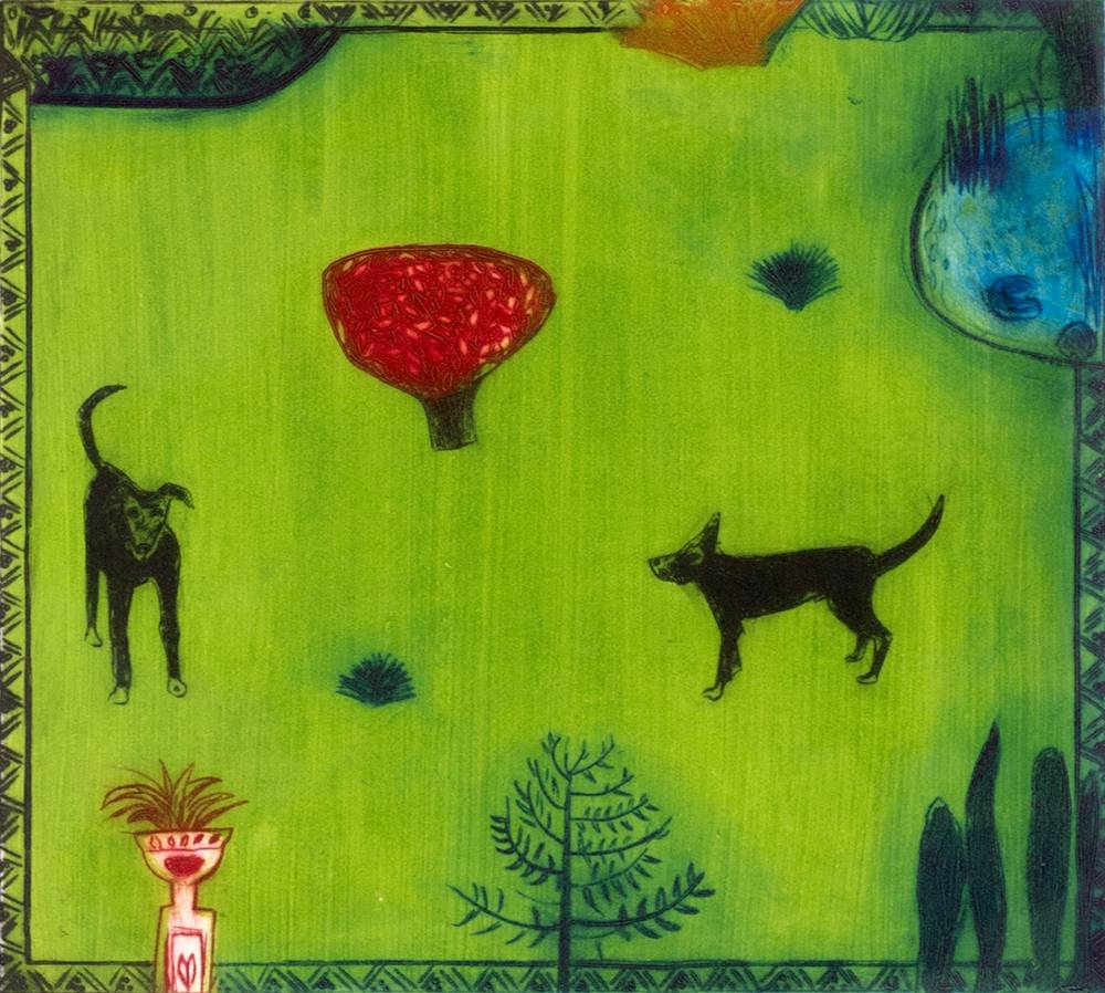 DOGS IN A GARDEN by Carmel Benson sold for 150 at Whyte's Auctions