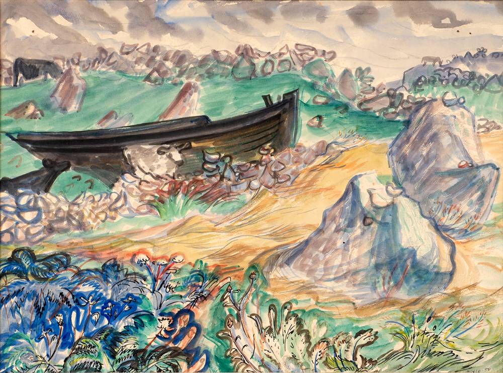 BEACH SCENE WITH BOAT, 1950 by Alicia Boyle sold for 290 at Whyte's Auctions