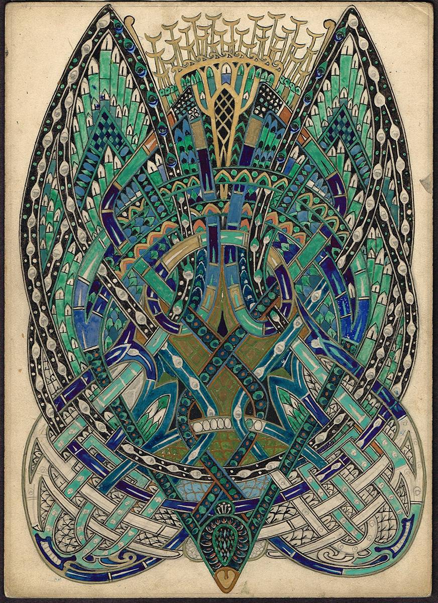 THE TAJIDAR - SACRED BIRD, CELTIC DESIGN ILLUSTRATION (c.1940) and SEASCAPE WOODCUT PRINT (1934) by Art O'Murnaghan sold for 3,800 at Whyte's Auctions